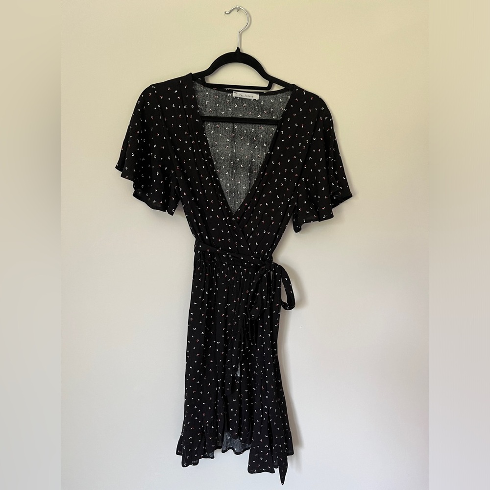 Pleated Black Dress with Tie and Slit